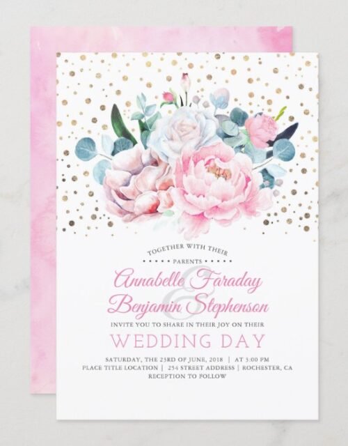 Gold Confetti Floral Watercolor Vintage Wedding Invitation