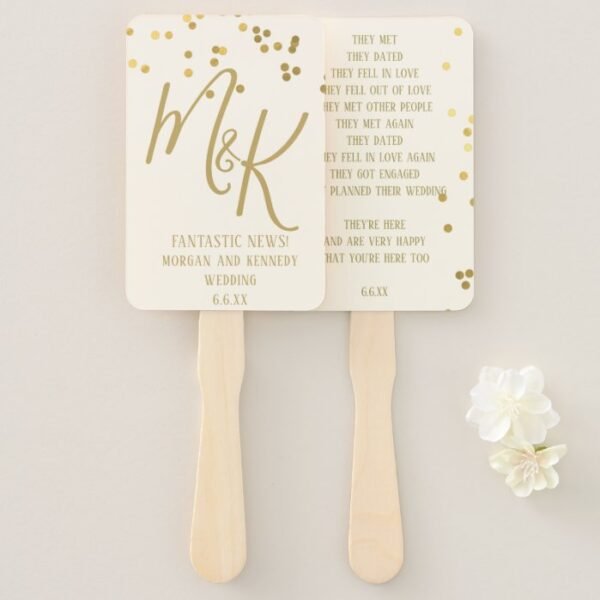 Gold Confetti on Ecru Wedding Program Hand Fans