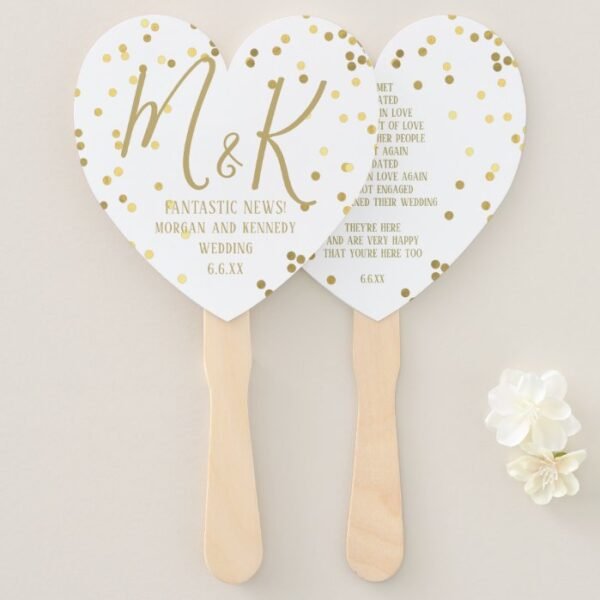 Gold Confetti White Wedding Program Hand Fans