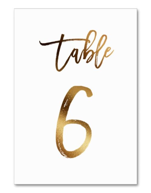 Gold foil chic wedding table number | Table 6