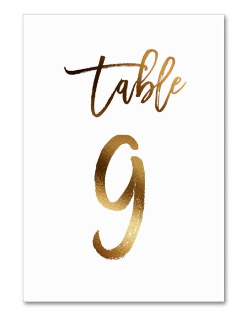 Gold foil chic wedding table number | Table 9