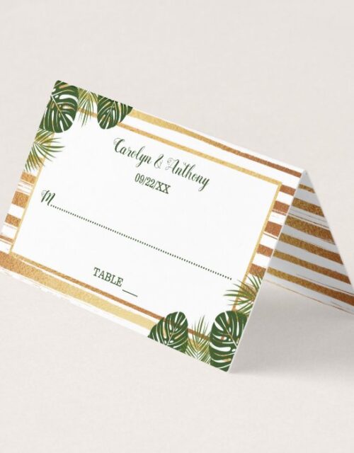 Gold Foil & Green Palm Leaf Beach Wedding Place Card