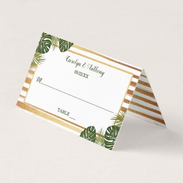 Gold Foil & Green Palm Leaf Beach Wedding Place Card