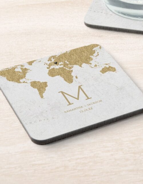 Gold Foil World Map Destination Wedding Monogram Coaster