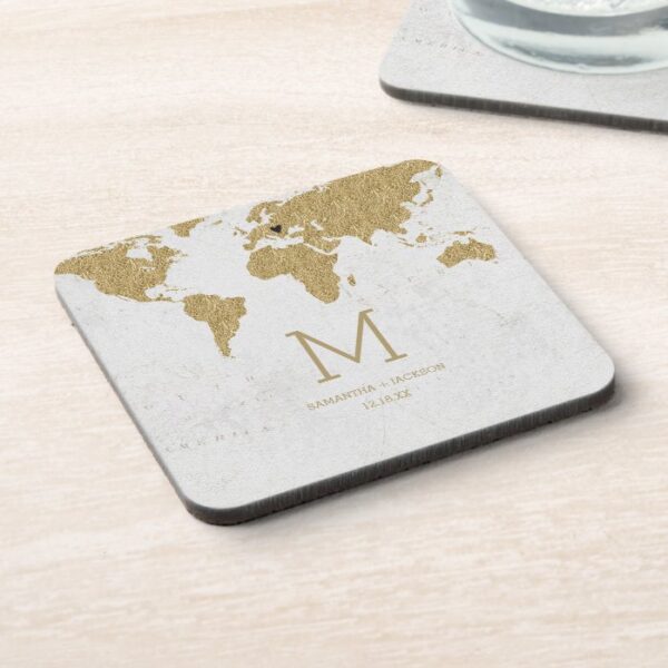 Gold Foil World Map Destination Wedding Monogram Coaster