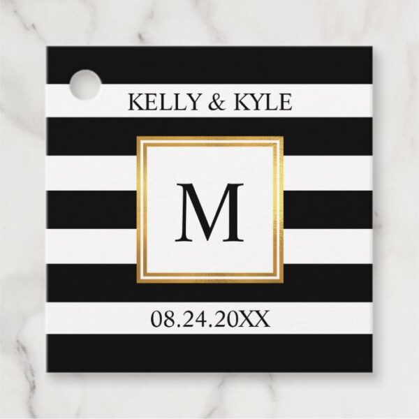 Gold Frame Black White Stripes Monogram Wedding Favor Tags