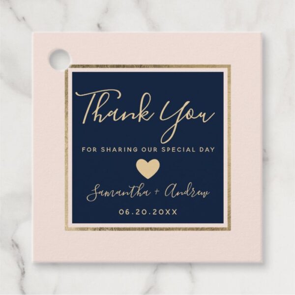 Gold frame navy blue blush pink thank you wedding favor tags