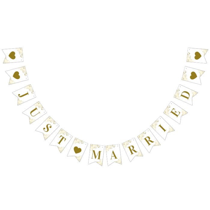 Gold Frills on White Just Married Newlyweds Bunting Flags
