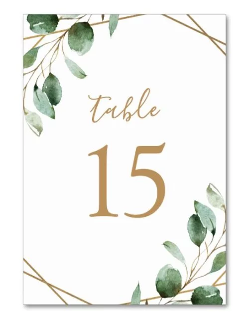 Gold Geometric Eucalyptus Greenery Wedding Table Number