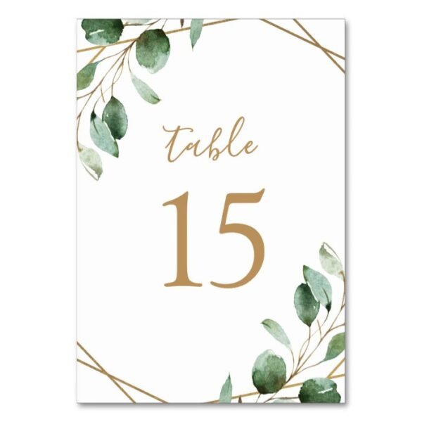 Gold Geometric Eucalyptus Greenery Wedding Table Number