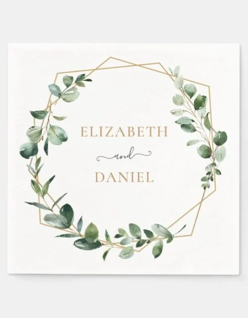 Gold Geometric Greenery Eucalyptus Personalized Napkins
