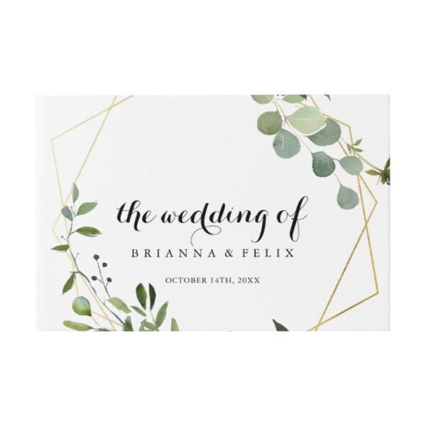 Gold Geometric Tropical Green Calligraphy Wedding Guest Book