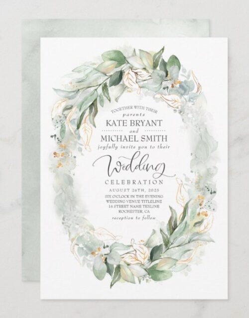 Gold Glitter Eucalyptus Greenery Wreath Wedding Invitation