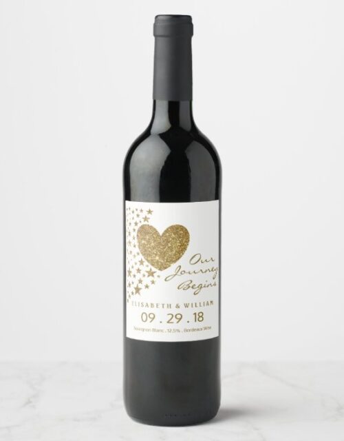 Gold Glitter Heart and Stars Wedding Wine Label