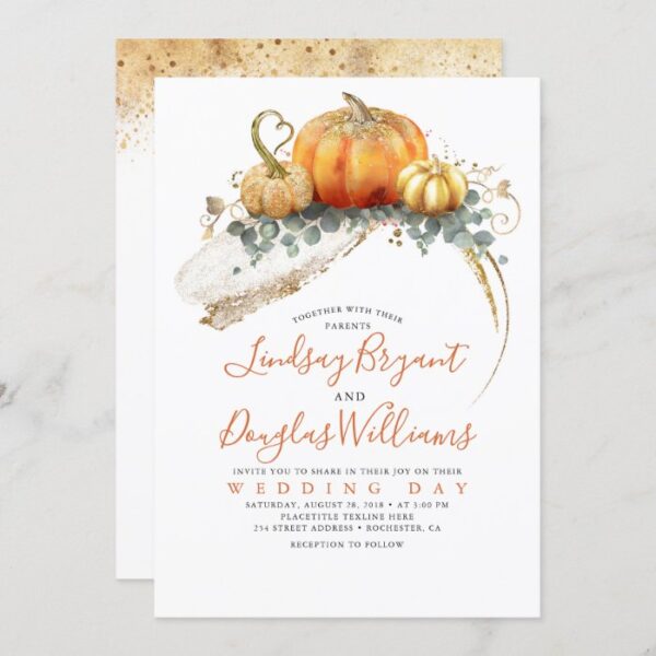 Gold Glitter Orange Pumpkins Elegant Fall Wedding Invitation