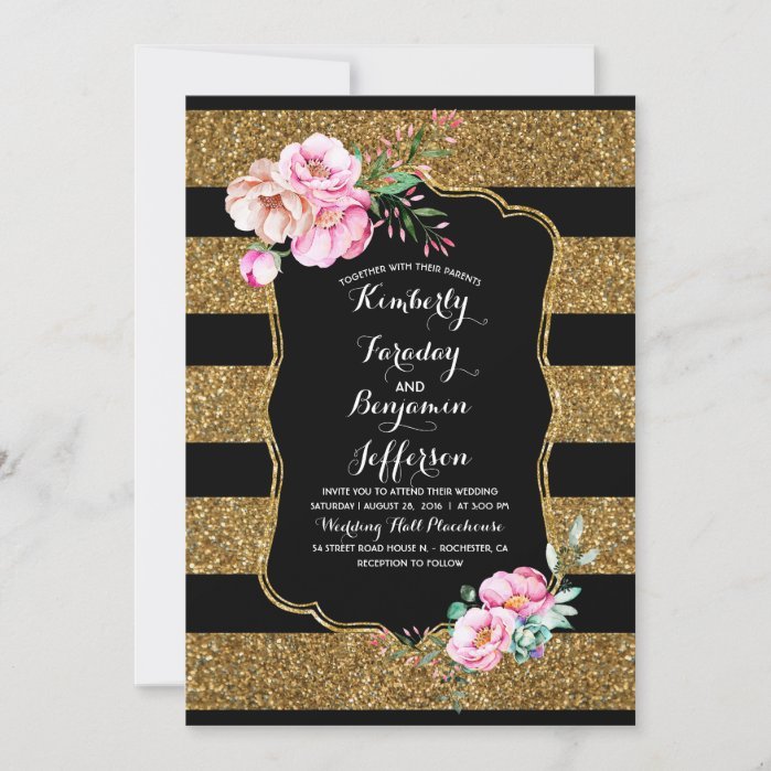 Gold Glitter Stripes Floral Vintage Wedding Invitation