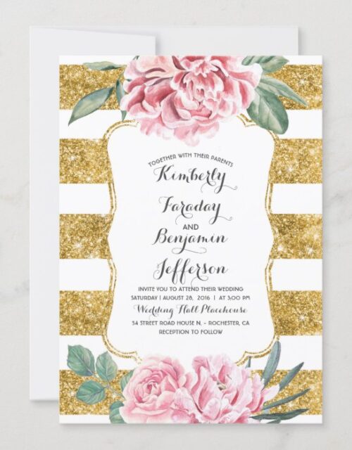Gold Glitter Stripes Pink Floral Vintage Wedding Invitation