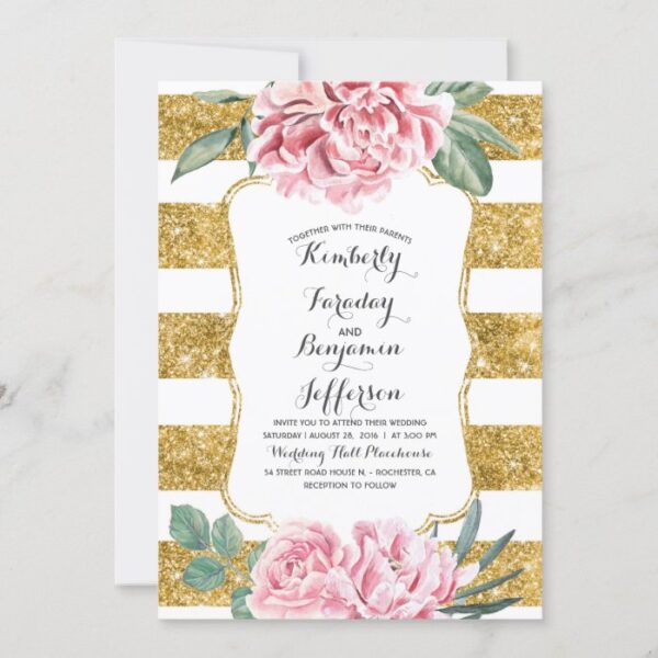 Gold Glitter Stripes Pink Floral Vintage Wedding Invitation