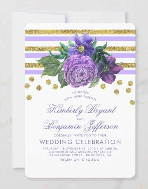 Gold Glitter Stripes Purple Floral Modern Wedding Invitation