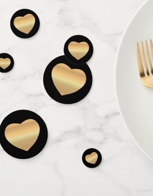 Gold Hearts on Black Confetti