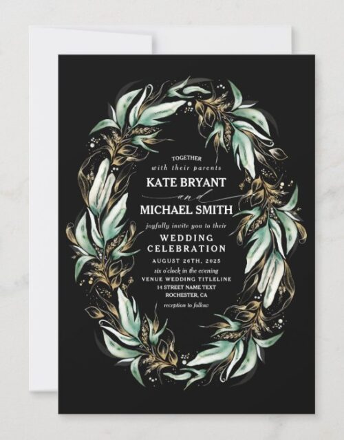 Gold Leaves Greenery Wreath Black Modern Wedding Invitation