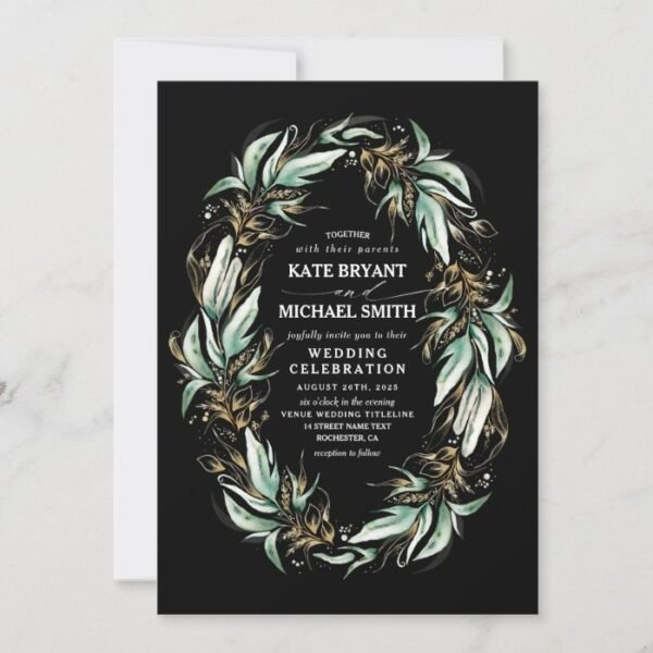 Gold Leaves Greenery Wreath Black Modern Wedding Invitation