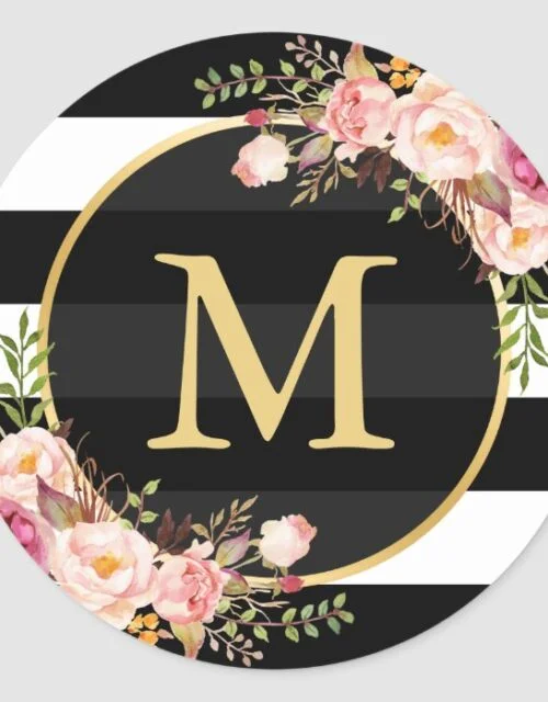 Gold Monogram with Black White Striped Floral Deco Classic Round Sticker