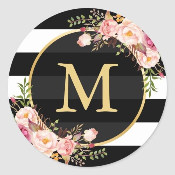 Gold Monogram with Black White Striped Floral Deco Classic Round Sticker