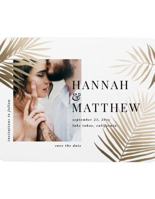 Gold palm leaf save the date photo wedding magnet