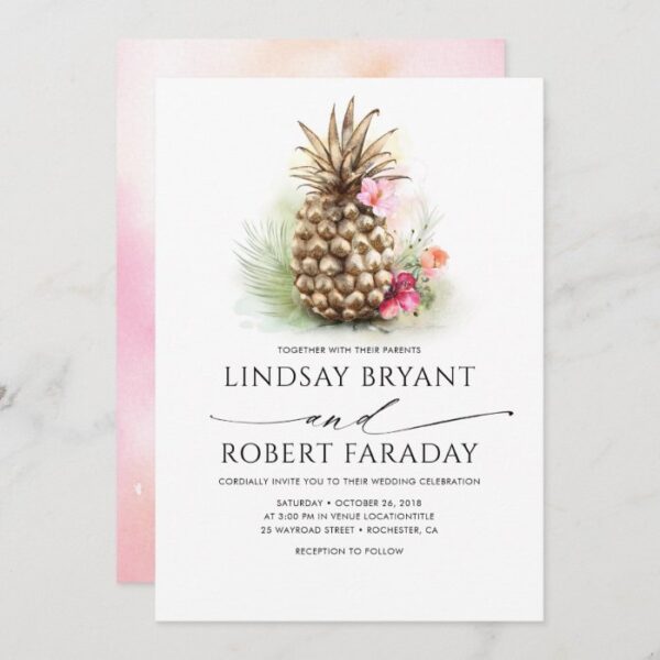 Gold Pineapple Pink Floral Beach Wedding Invitation