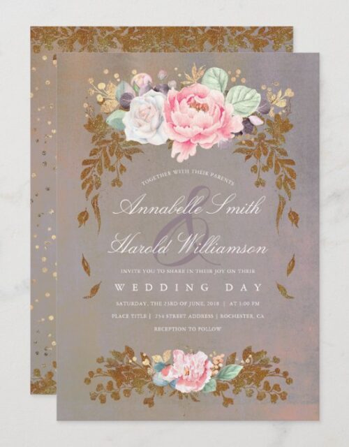 Gold Sage Violet Blush Floral Midsummer Wedding Invitation