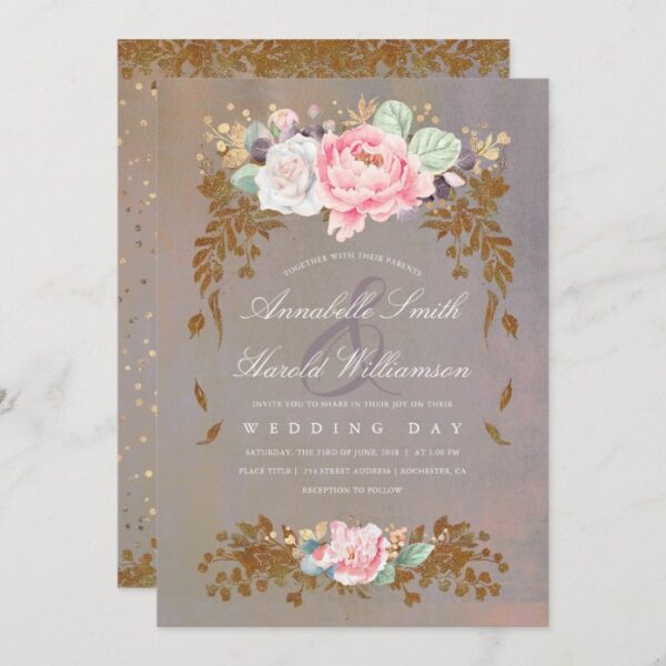 Gold Sage Violet Blush Floral Midsummer Wedding Invitation