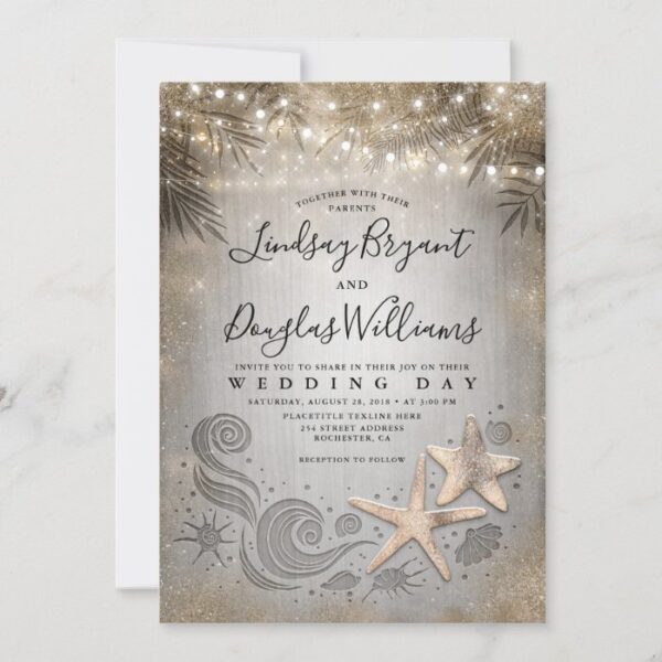 Gold Starfish Couple Tropical Beach Wedding Invitation