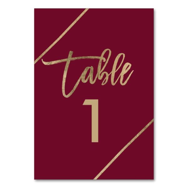 Gold typography burgundy marsala red table number