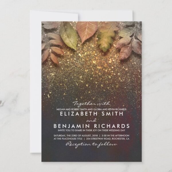 Gold Vintage Fall Leaves Elegant Wedding Invitation