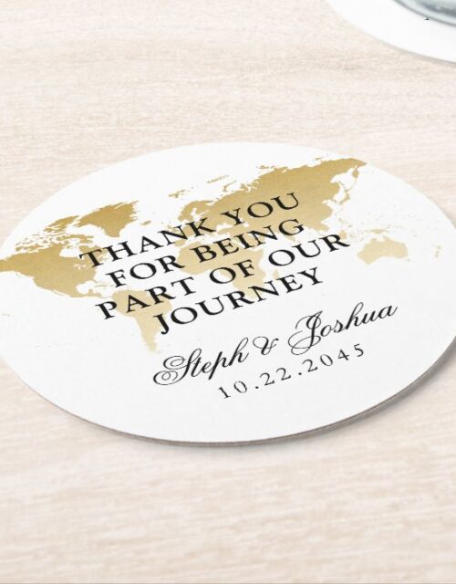 Gold World Map Travel Thank You Wedding Favor Round Paper Coaster