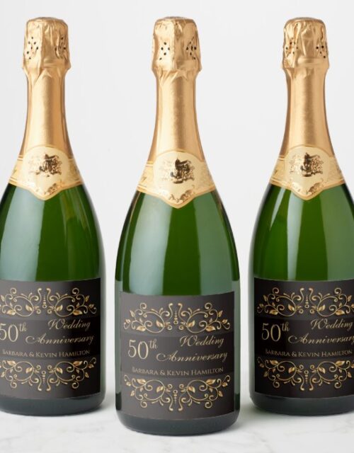 Golden swirls on black 50th Wedding Anniversary Champagne Label