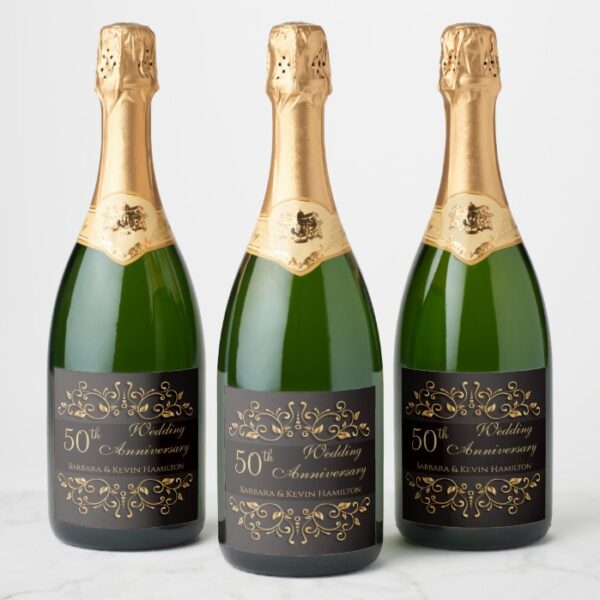 Golden swirls on black 50th Wedding Anniversary Champagne Label