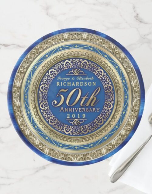 Golden Wedding Anniversary Faux Gold Royal Blue Cake Stand
