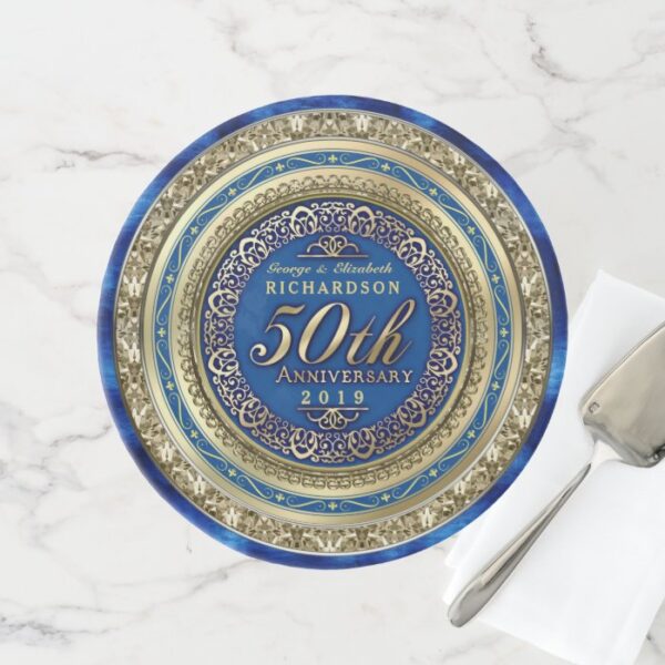 Golden Wedding Anniversary Faux Gold Royal Blue Cake Stand