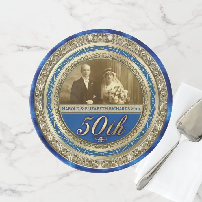 Golden Wedding Anniversary Photo Gold Royal Blue Cake Stand