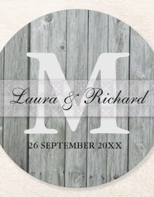 Gray Wood Bride And Groom Wedding Monogram Round Paper Coaster