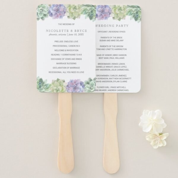 Green and Purple Succulents Wedding Program Hand Fan