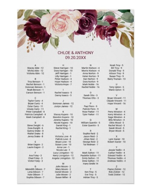 Green Burgundy Floral Alphabetical Seating Chart
