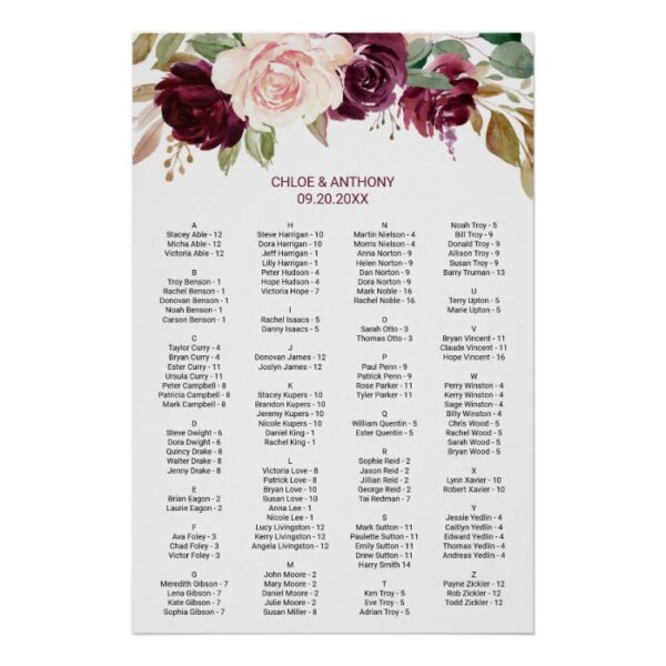 Green Burgundy Floral Alphabetical Seating Chart