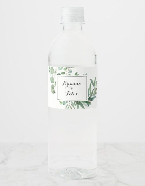 Green Eucalyptus Botanical Calligraphy Wedding Water Bottle Label
