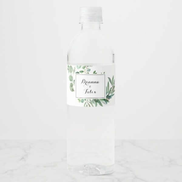 Green Eucalyptus Botanical Calligraphy Wedding Water Bottle Label
