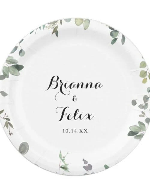 Green Eucalyptus Foliage Delight Wedding Cake Paper Plate