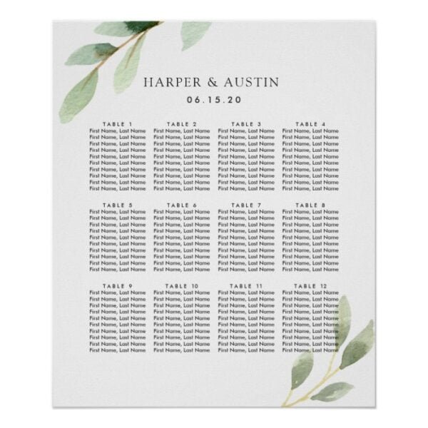 Green Foliage Botanical Wedding Seating Chart