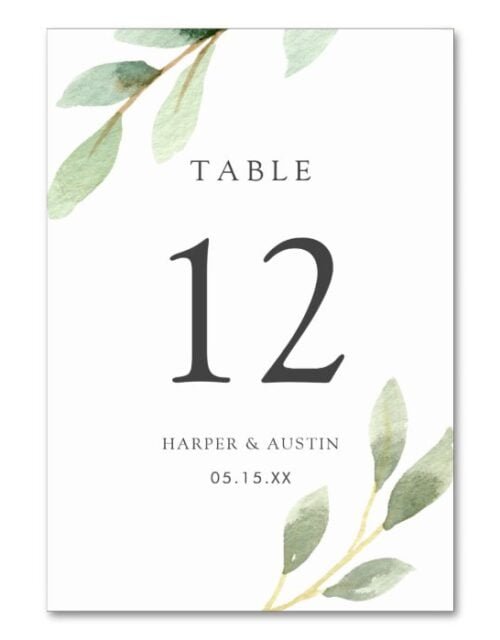 Green Foliage Botanical Wedding Table Number